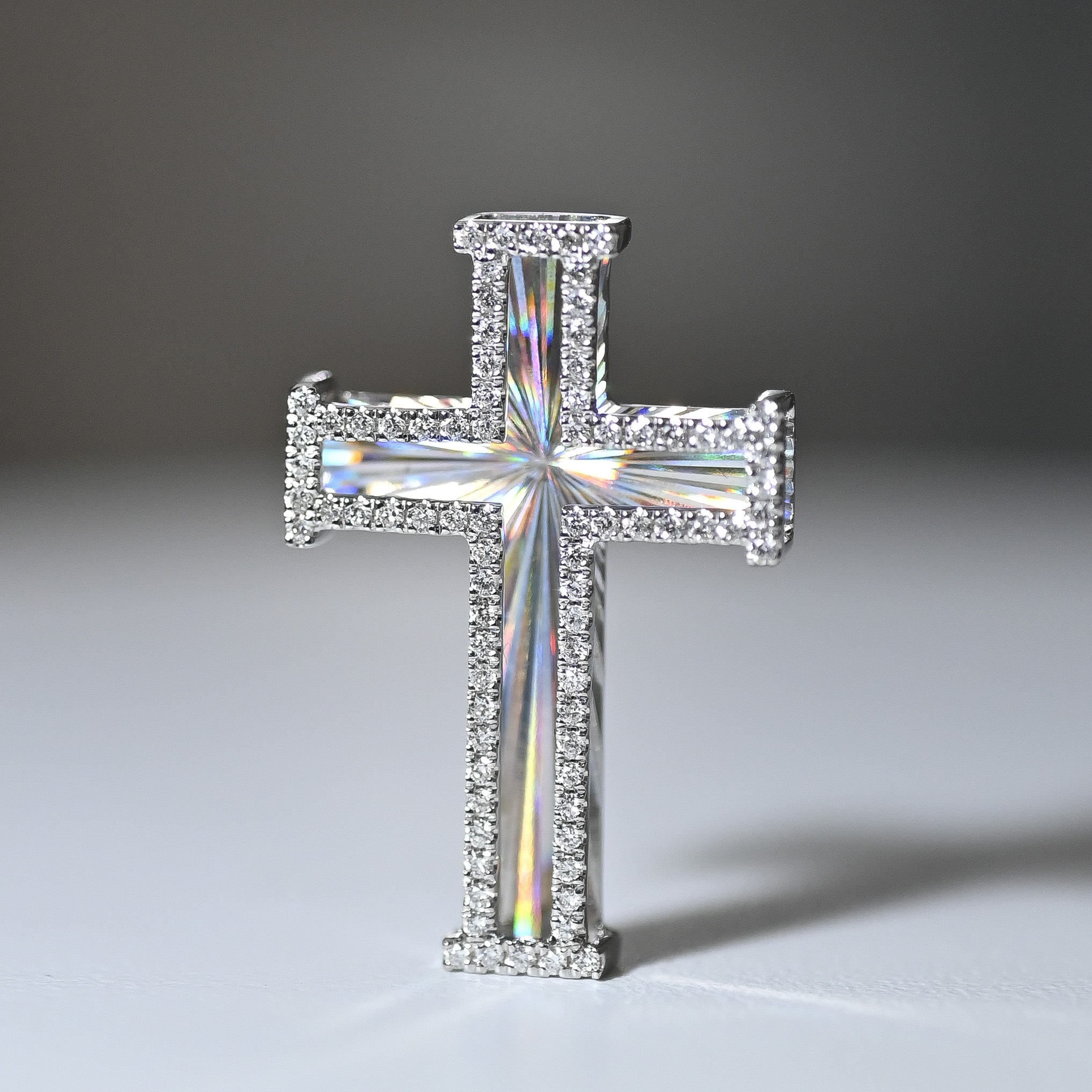 18k Cross Rainbow Cut Diamond Pendant