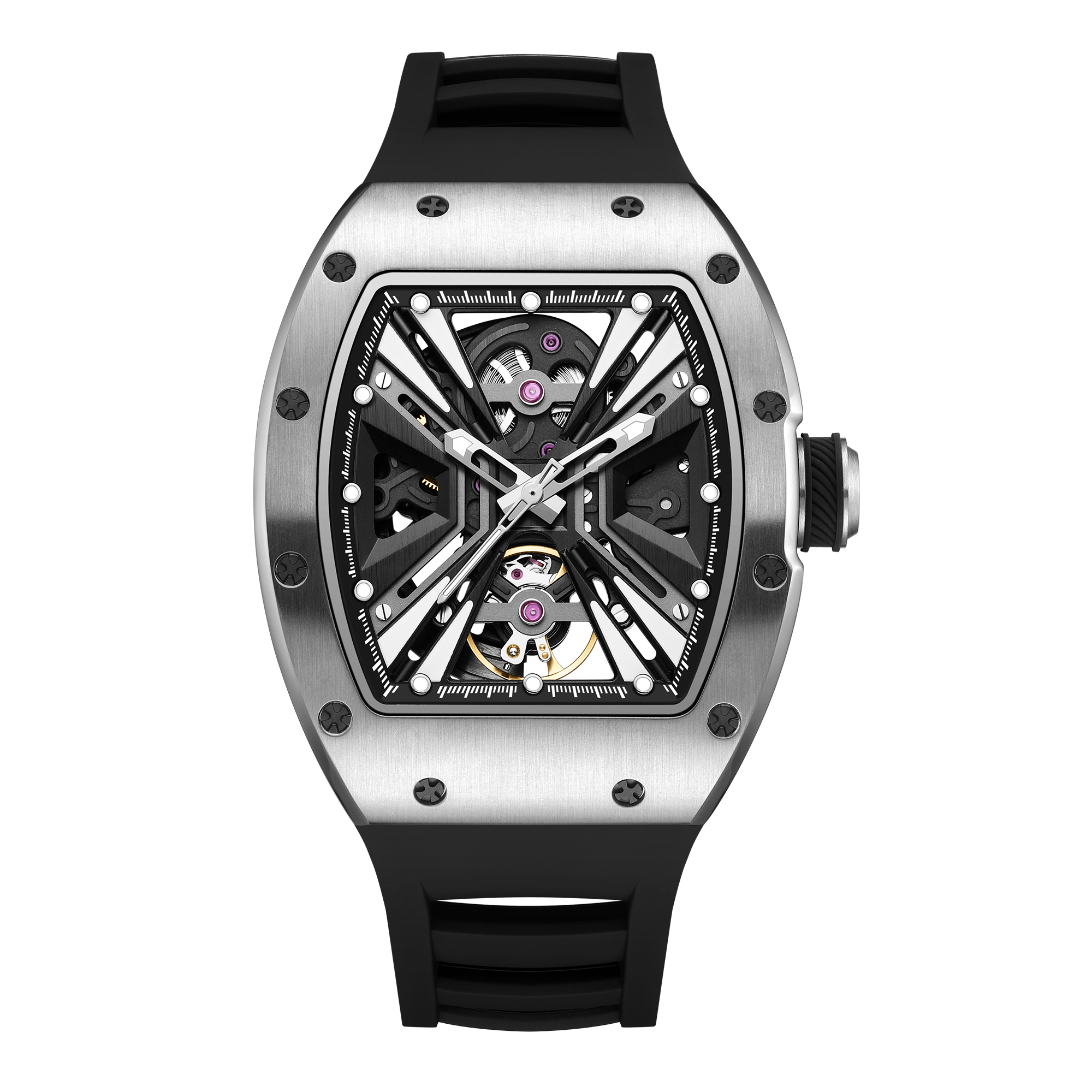 【Free Focus】JC-9-190G-4 酒桶款 潮流 雙面鏤空 夜光指針刻度錶盤 機械 手錶