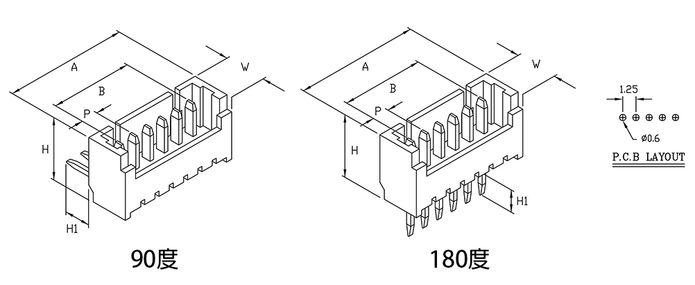 1.25mm,公端,線對板連接器,90度/180度,插板式,規格