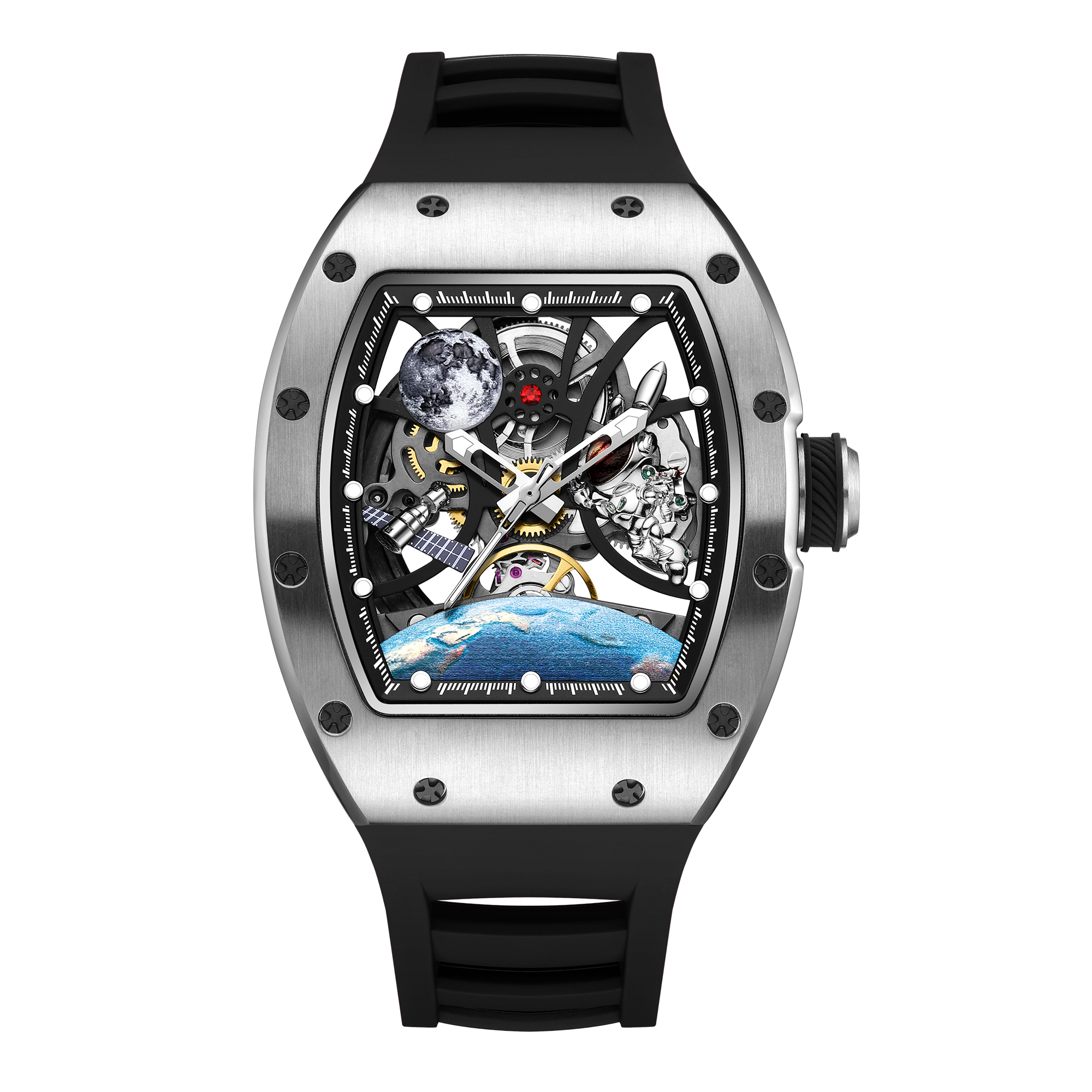 【Free Focus】JC-9-190G-14 酒桶款 太空宇宙設計 雙面鏤空 夜光指針刻度錶盤 機械 手錶