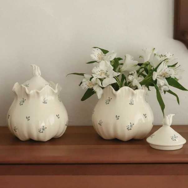 《5782》復古碎花奶油色陶藝花瓶