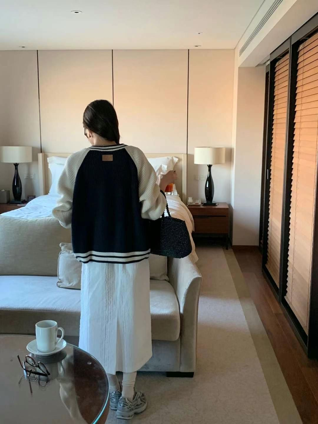 拼色針織棒球外套(深藍色)