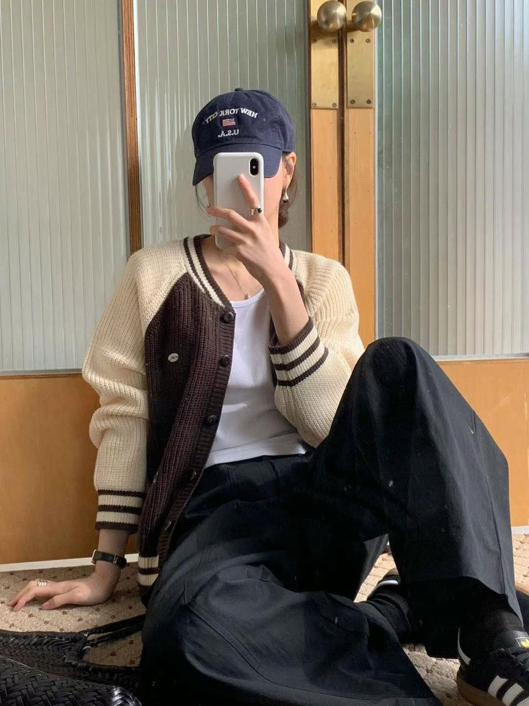 拼色針織棒球外套(啡色)