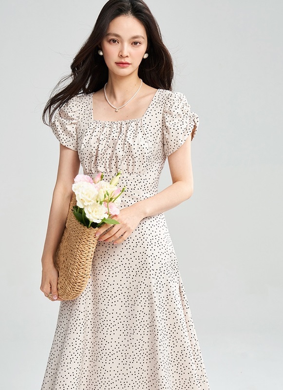 方領公主袖點點洋裝 杏色