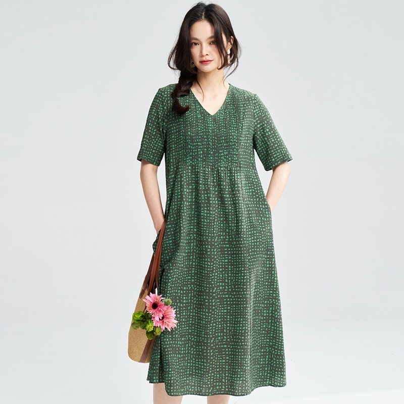 V領碎紋柔棉洋裝 綠色