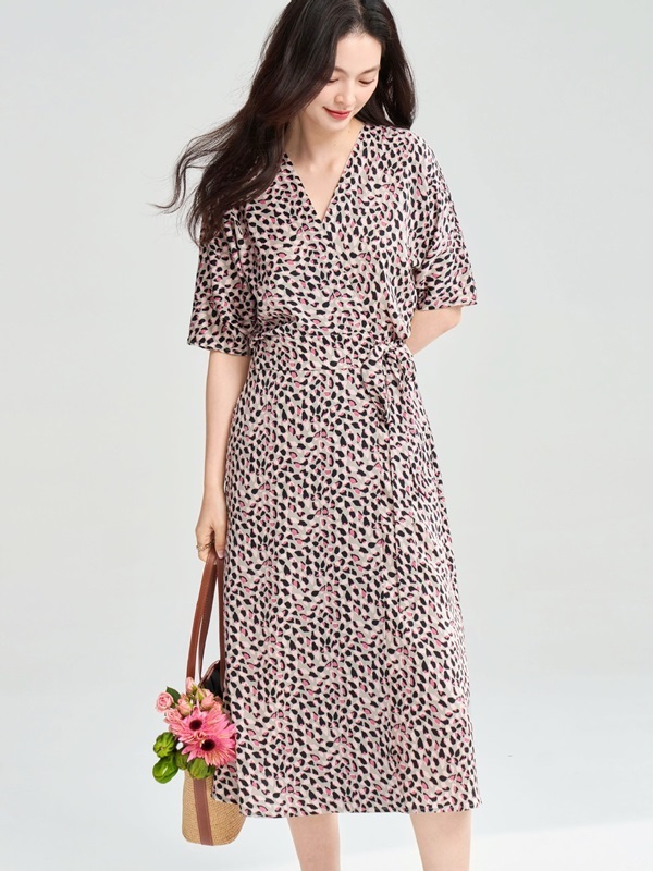 側綁帶豹紋洋裝 粉色