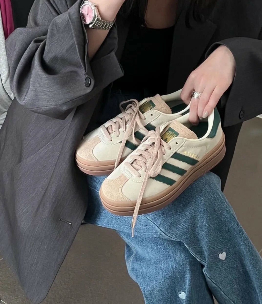 KTQ STORE ‧ Adidas Gazelle Bold W 女鞋 卡其 綠色 厚底 增高 拼接復古麂皮 ID7056