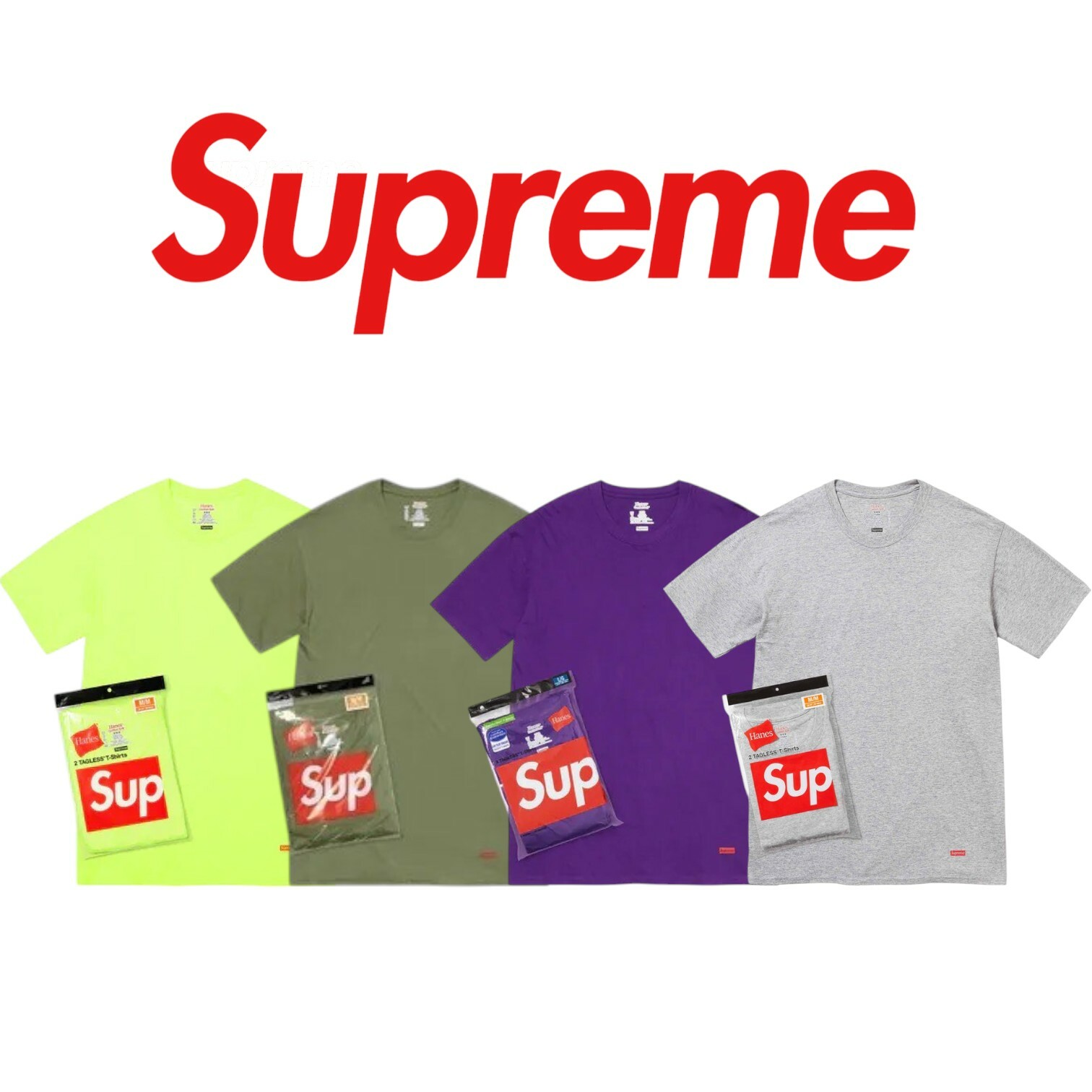 Supreme Hanes Tagless Tee 下擺BOX LOGO 素T 短T 兩件一包 / 單件 螢光黃 / 紫色 / 軍綠 / 灰色 現貨