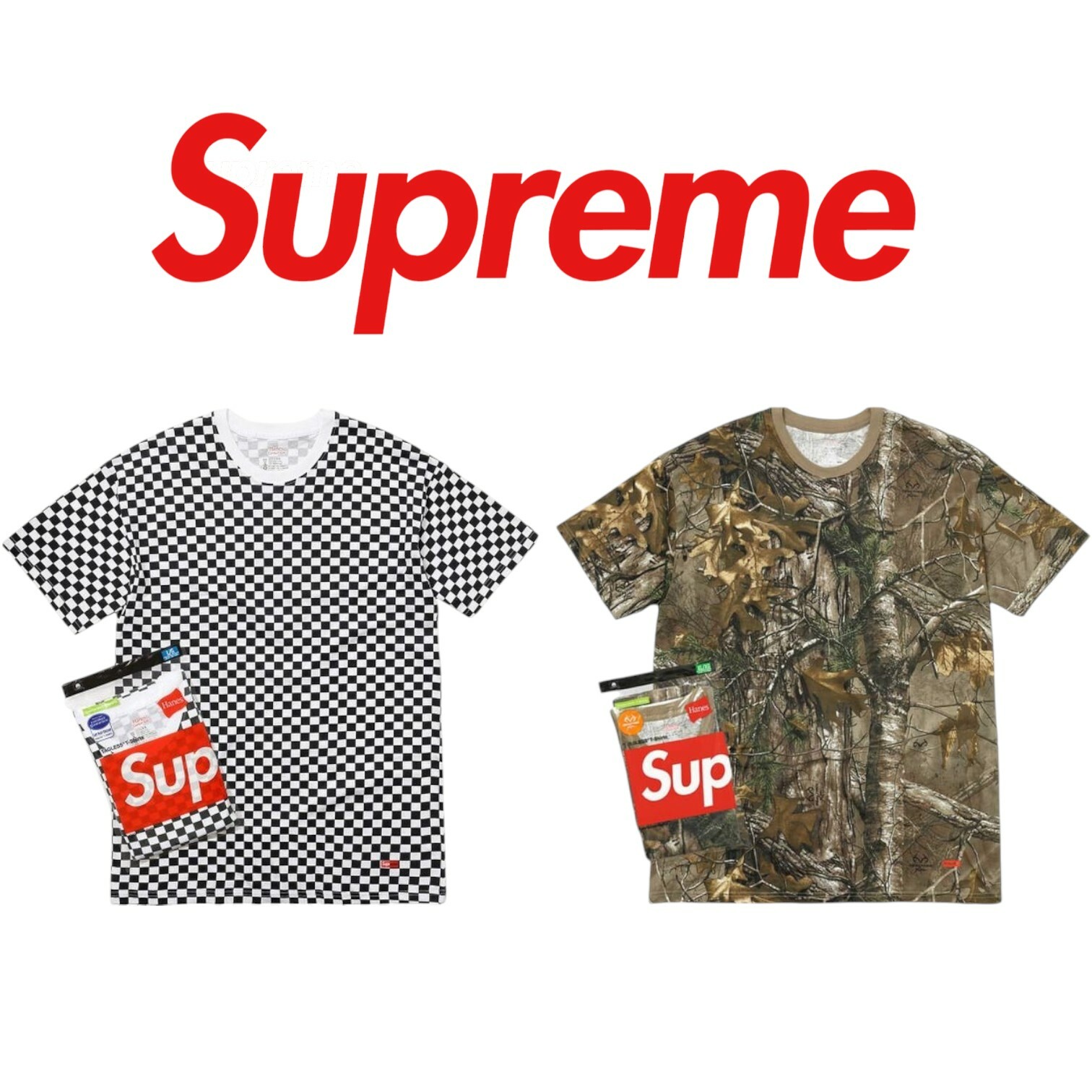 Supreme X Hanes Tagless Tee Checkered Realtree Box Logo 棋盤格 / 樹紋 迷彩 格子 兩件一包 素T 短T 現貨