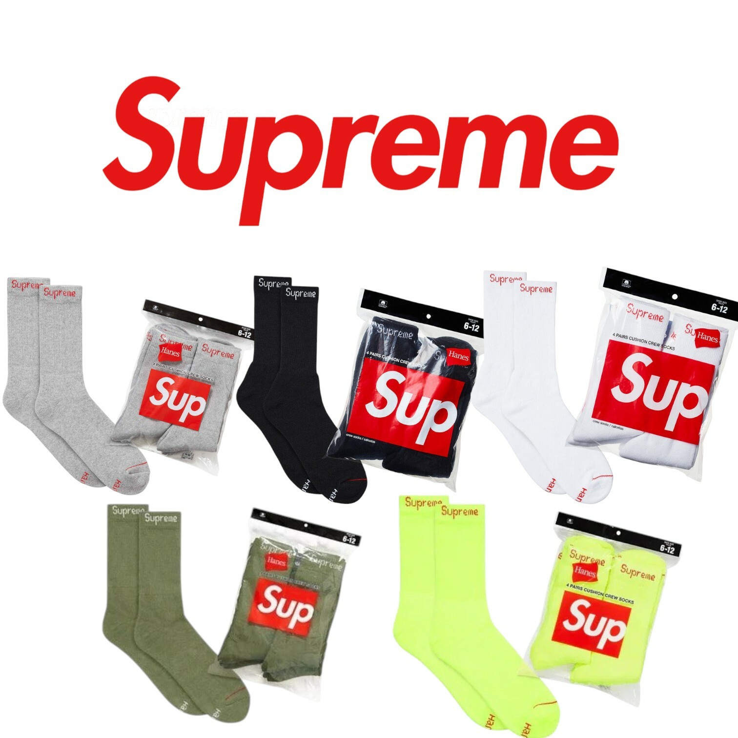 Supreme HANES CREW SOCKS LOGO 4-pack 襪子 長襪 四雙一包 黑 / 白 / 軍綠 / 螢光黃 / 灰色 現貨