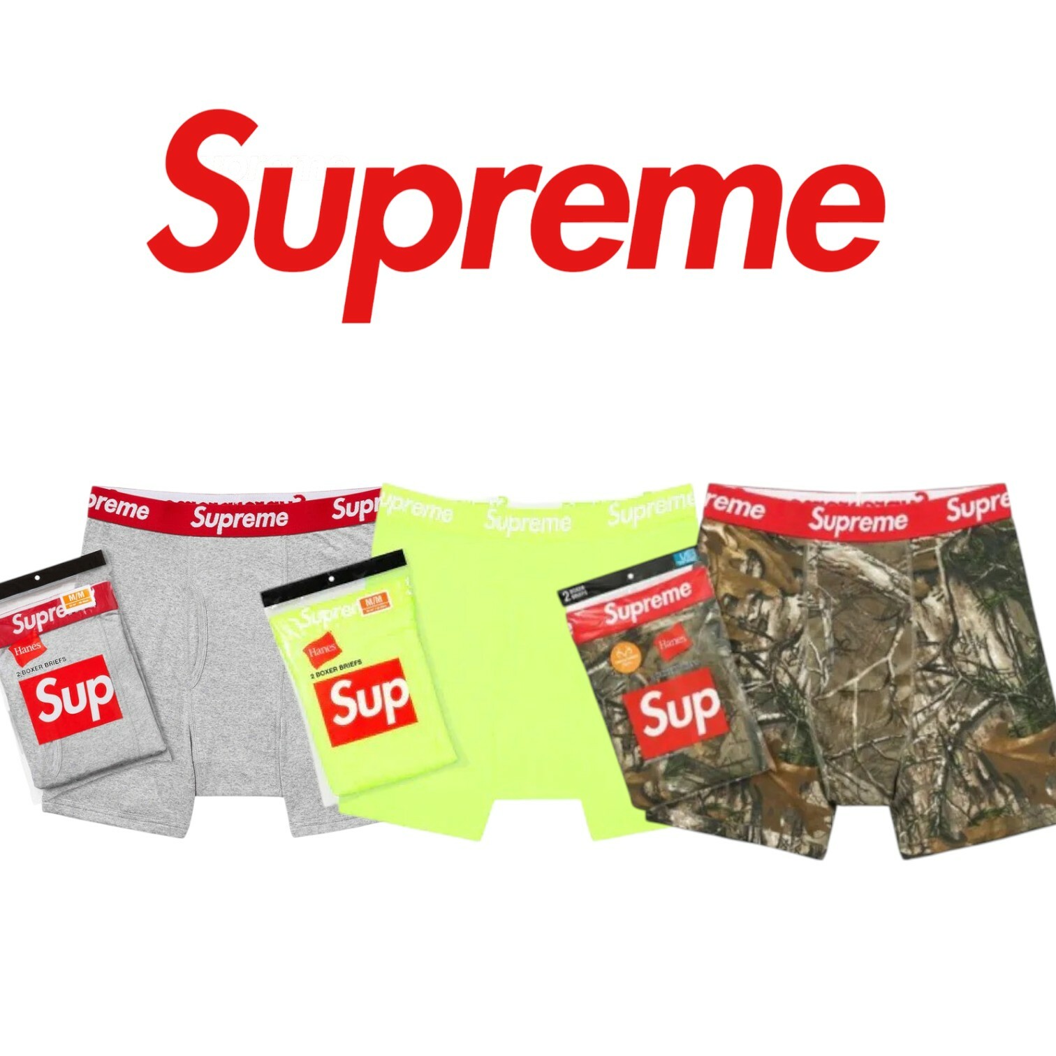 Supreme HANES BOXER BRIEFS BOX 兩件一包 / 單件 灰色 / 螢光黃 / 樹紋 迷彩 內褲 現貨