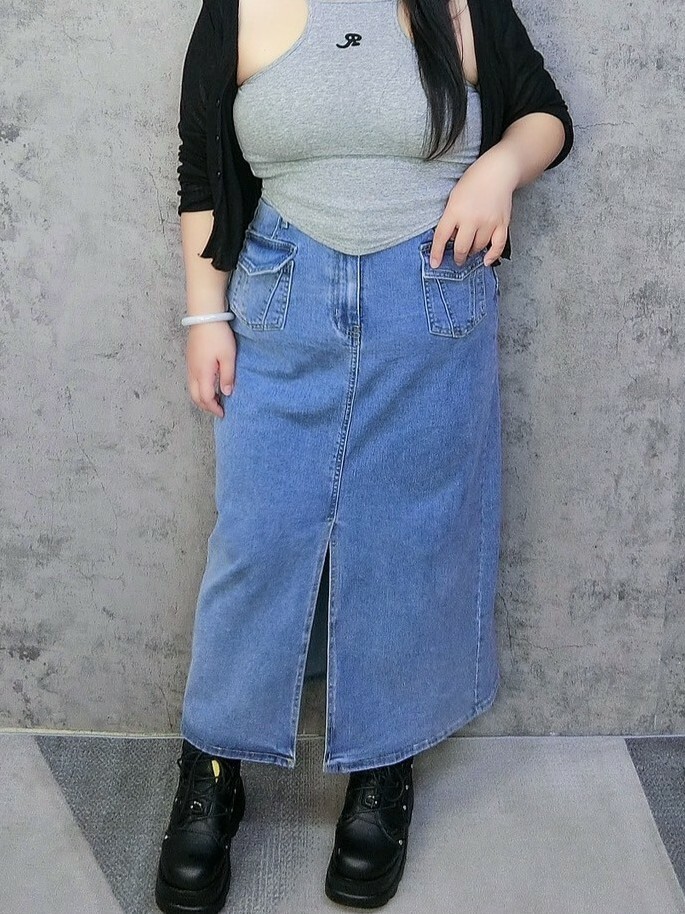 雙口袋牛仔開岔裙