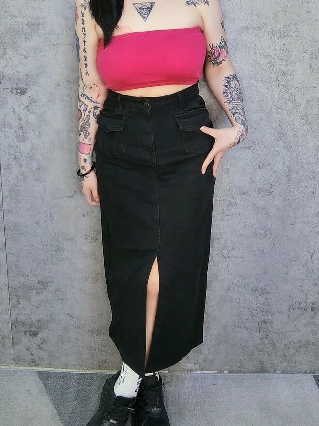 雙口袋牛仔開岔裙