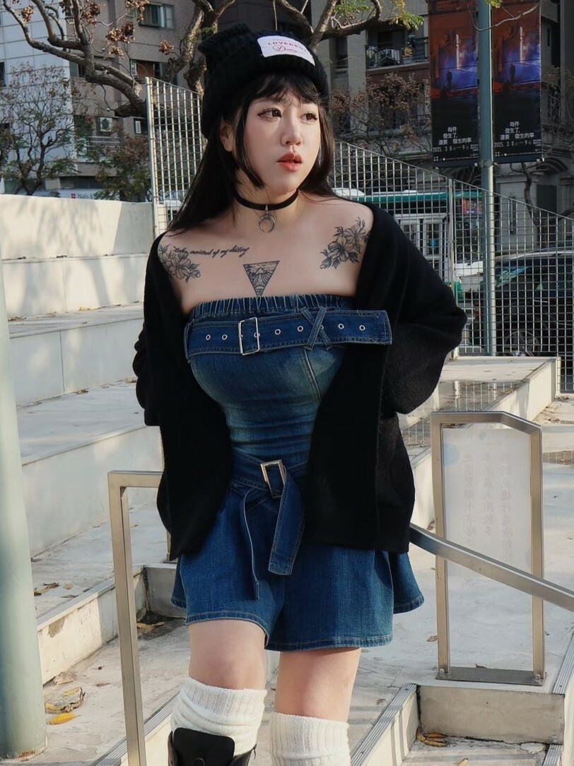 超性感高磅平口皮帶個性傘擺全牛仔洋裝🍭自訂款