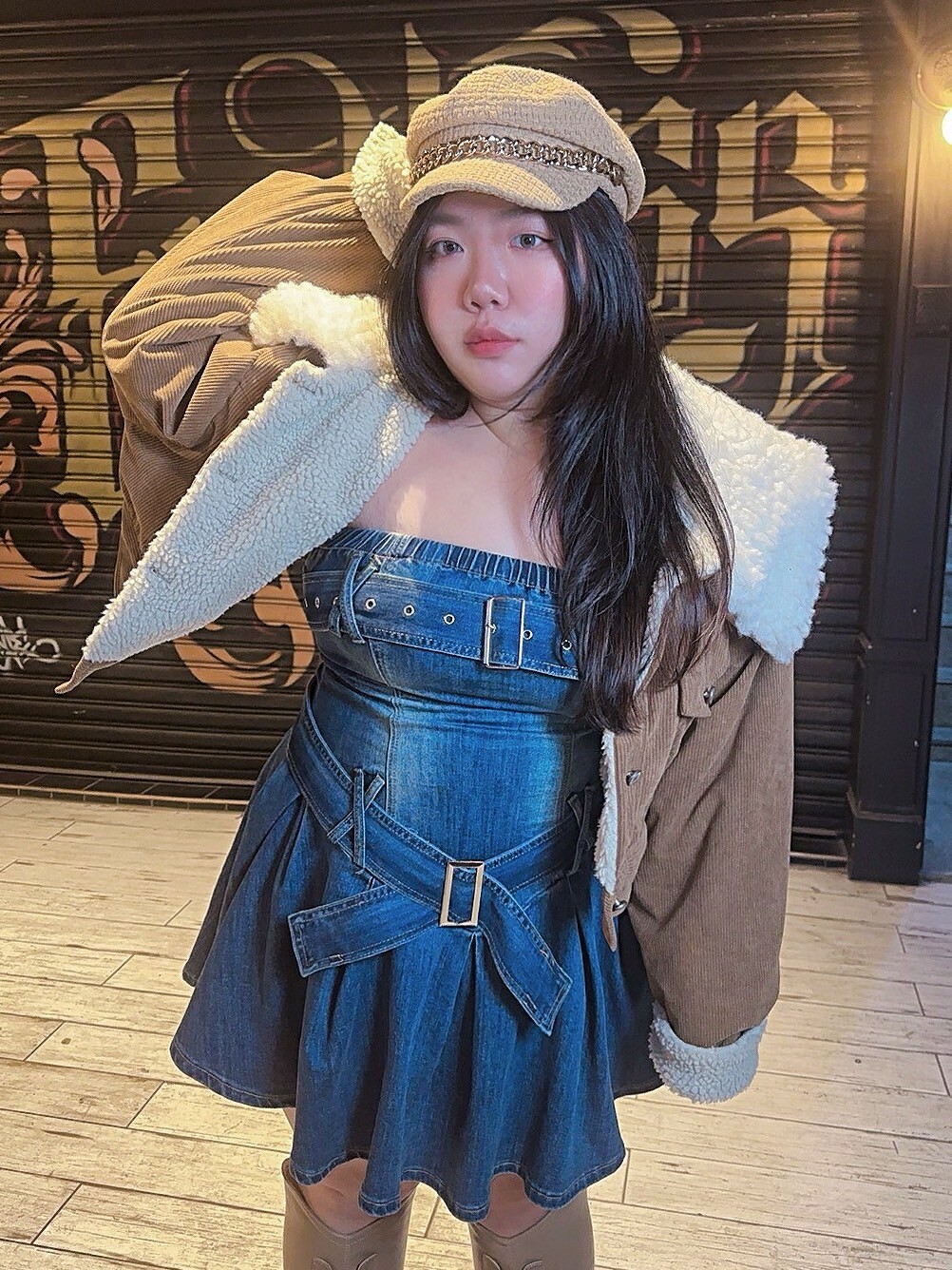 超性感高磅平口皮帶個性傘擺全牛仔洋裝🍭自訂款