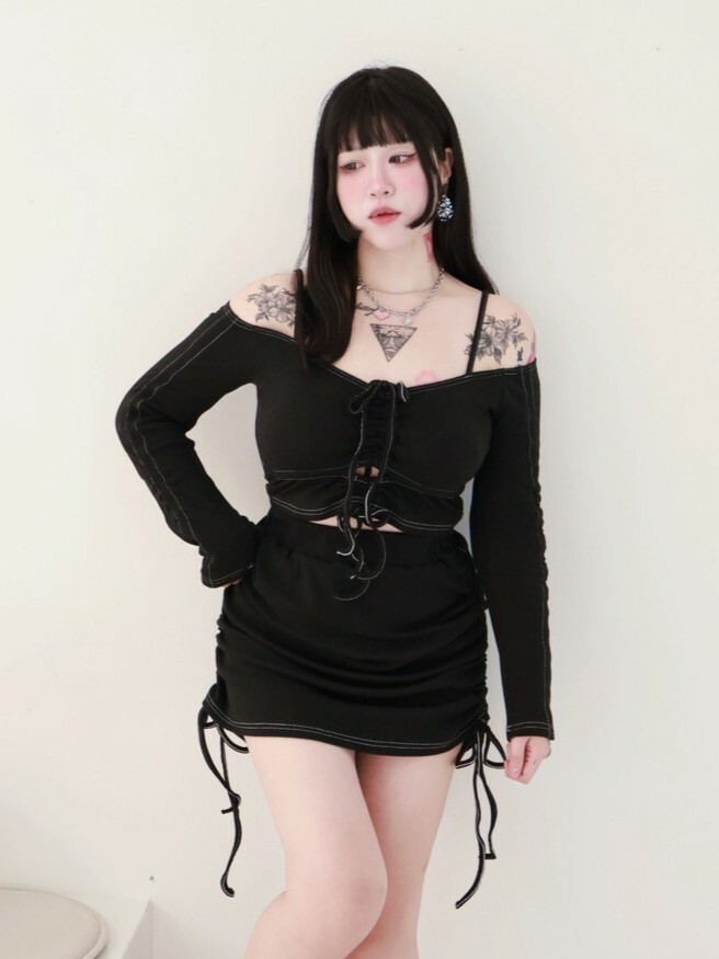 胸抽繩一字領+抓皺短裙性感兩件套🍭自訂款