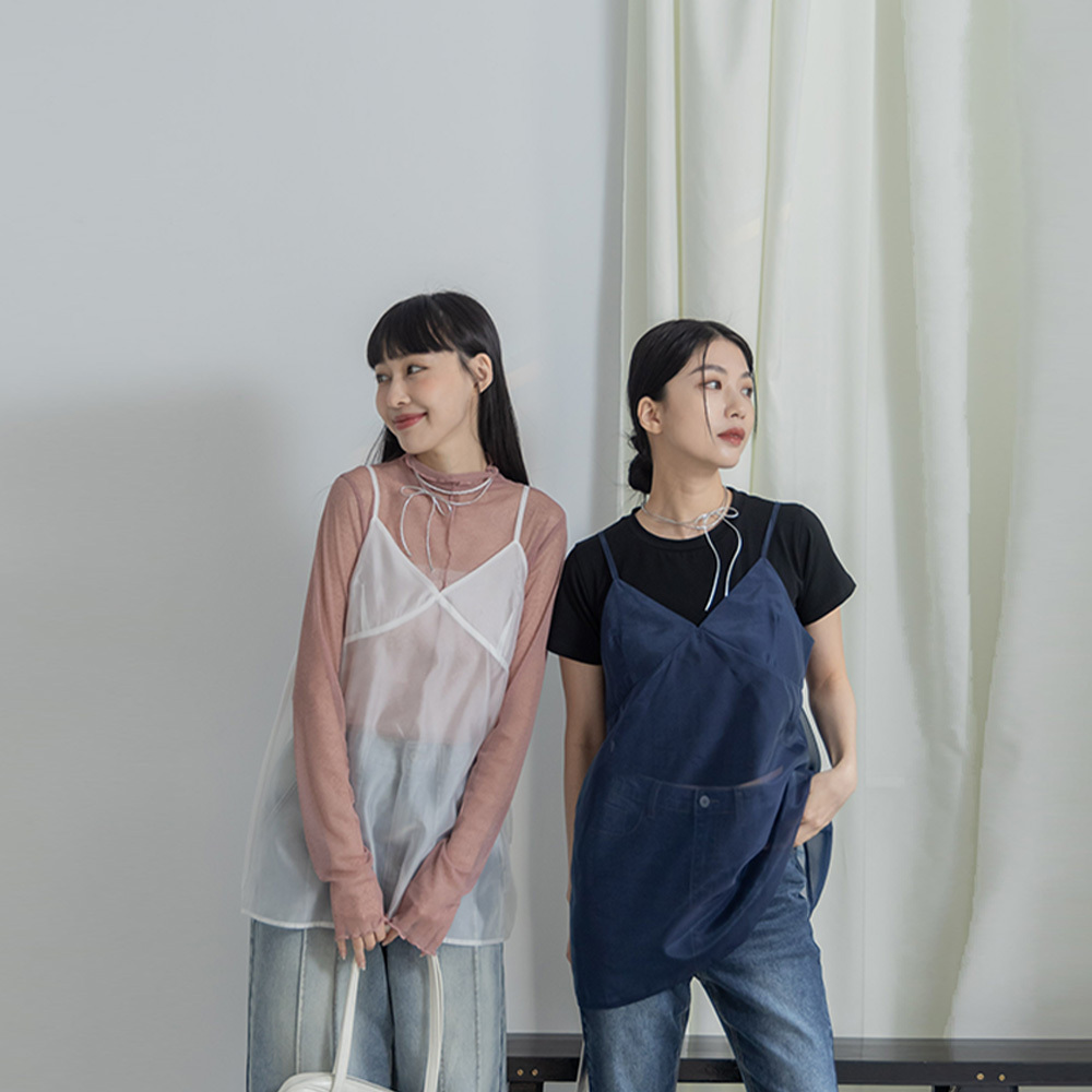 Micro V-neck sheer shape spaghetti-shoulder blouse sold in four colors【01098857】in stock+pre-order