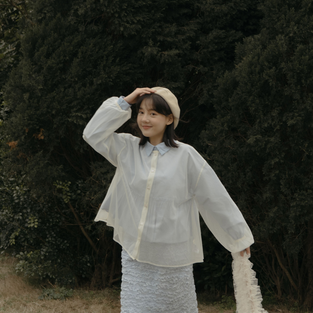 Button-down puff sleeve mesh see-through top, two colors for sale【01098455】in stock+pre-order