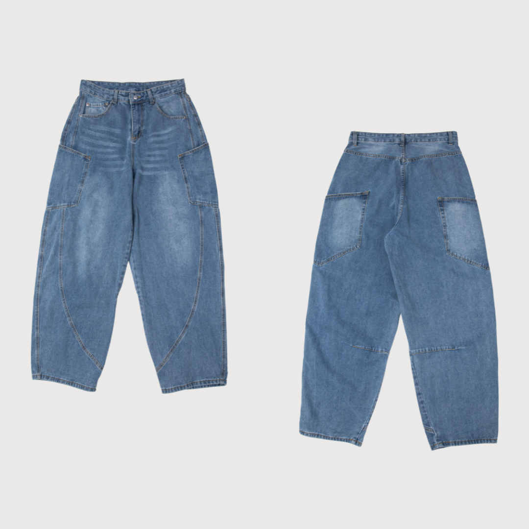 SALE- 曲線車線 寬版 落地 牛仔褲 中性男女可穿 水洗藍色 【 FUZY 】- P202524