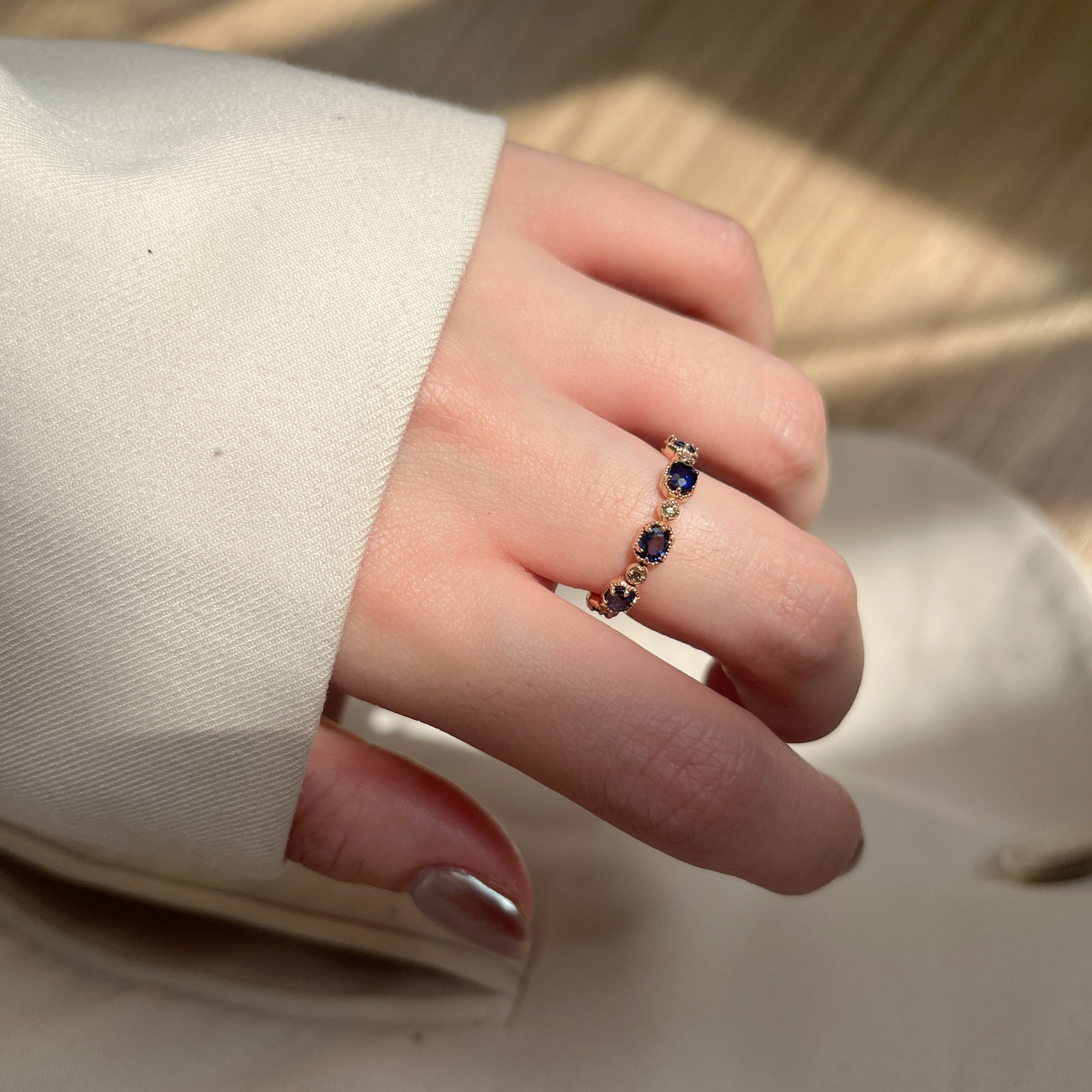 14K整圈復古橢圓藍寶真鑽戒指