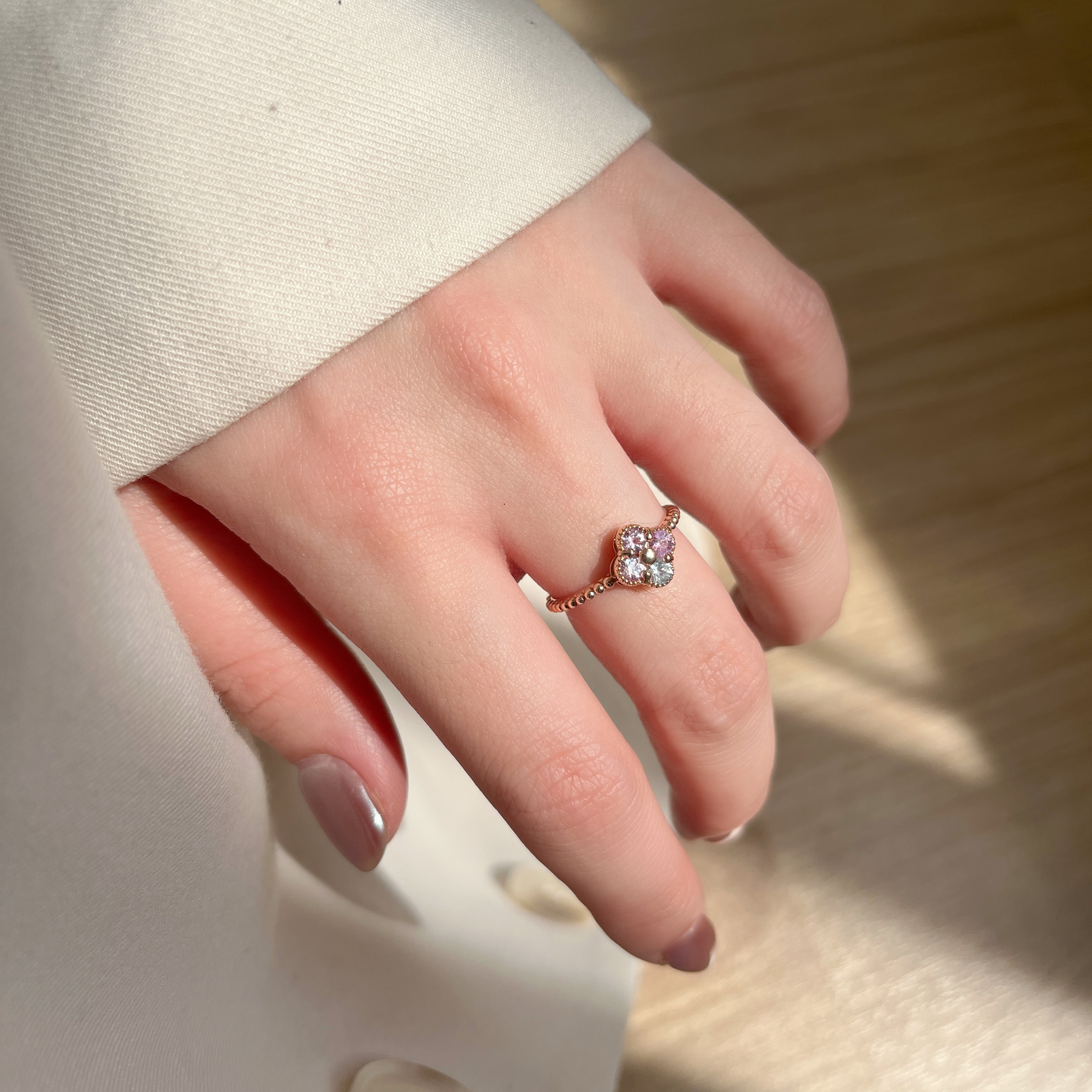 14K四葉草漸層粉色藍寶石戒指