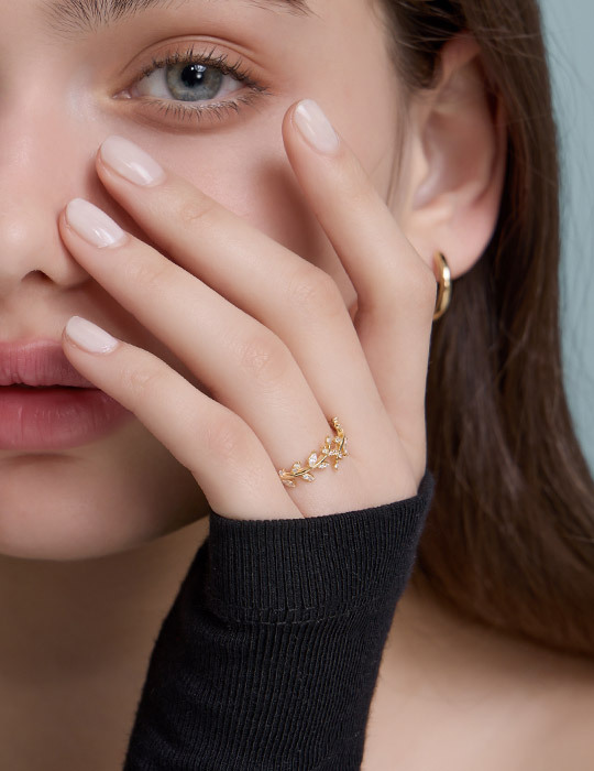 【925純銀】清新麥穗鑲鑽可調式戒指(金)