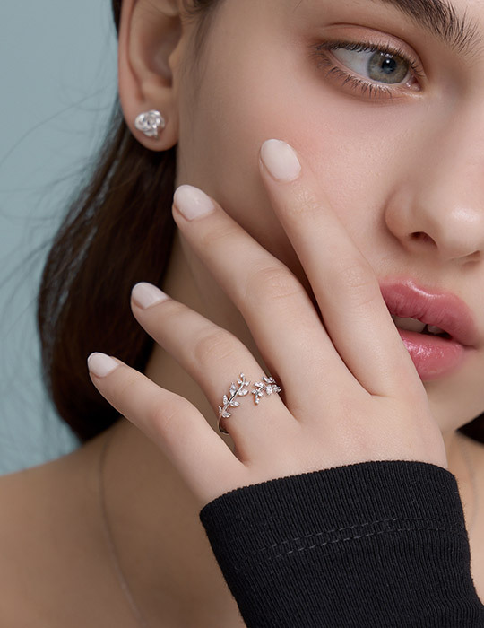 【925純銀】清新麥穗鑲鑽可調式戒指(銀)