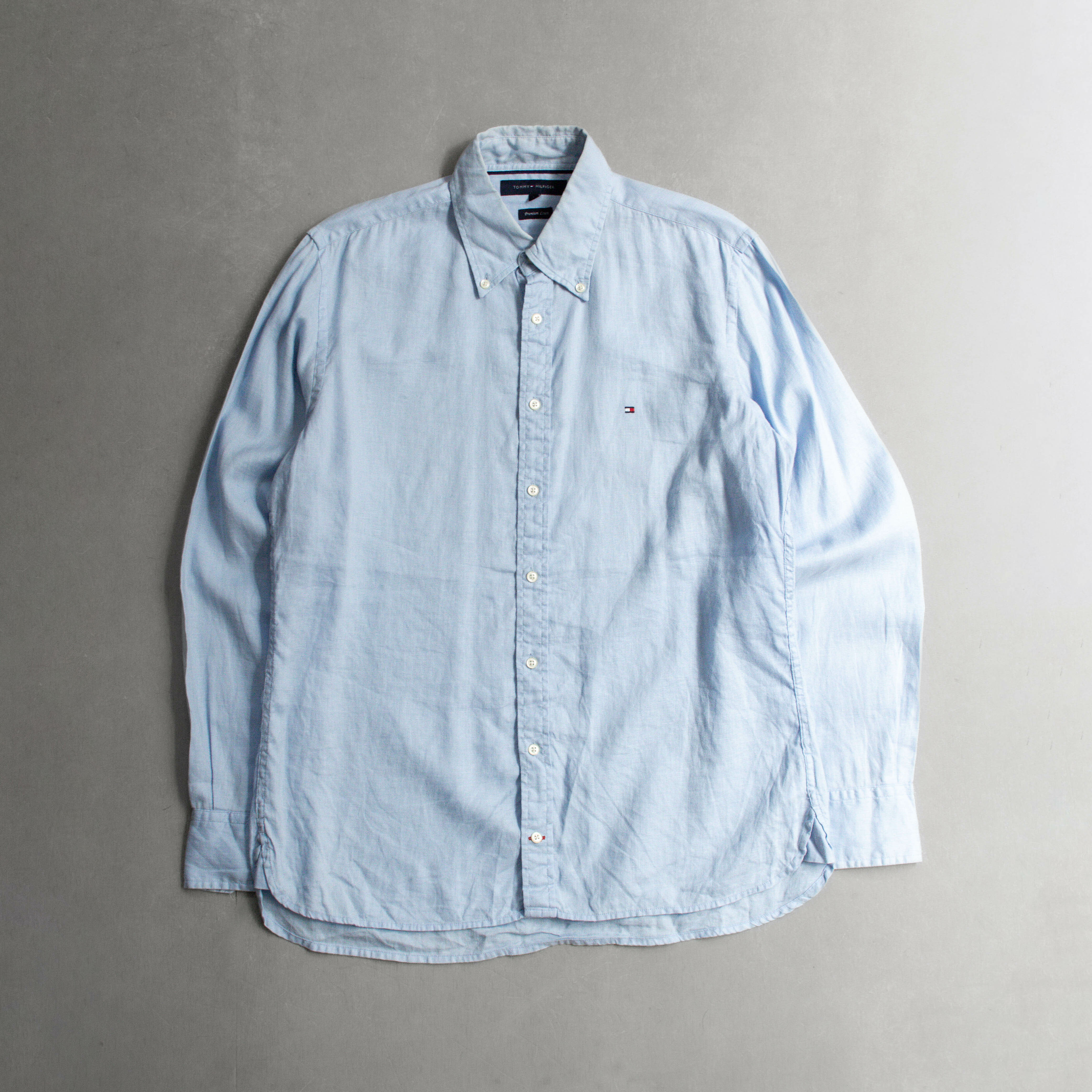USED TOMMY HILFIGER BD SHIRT 美國 素面 棉麻 淺藍 扣領 長袖 襯衫