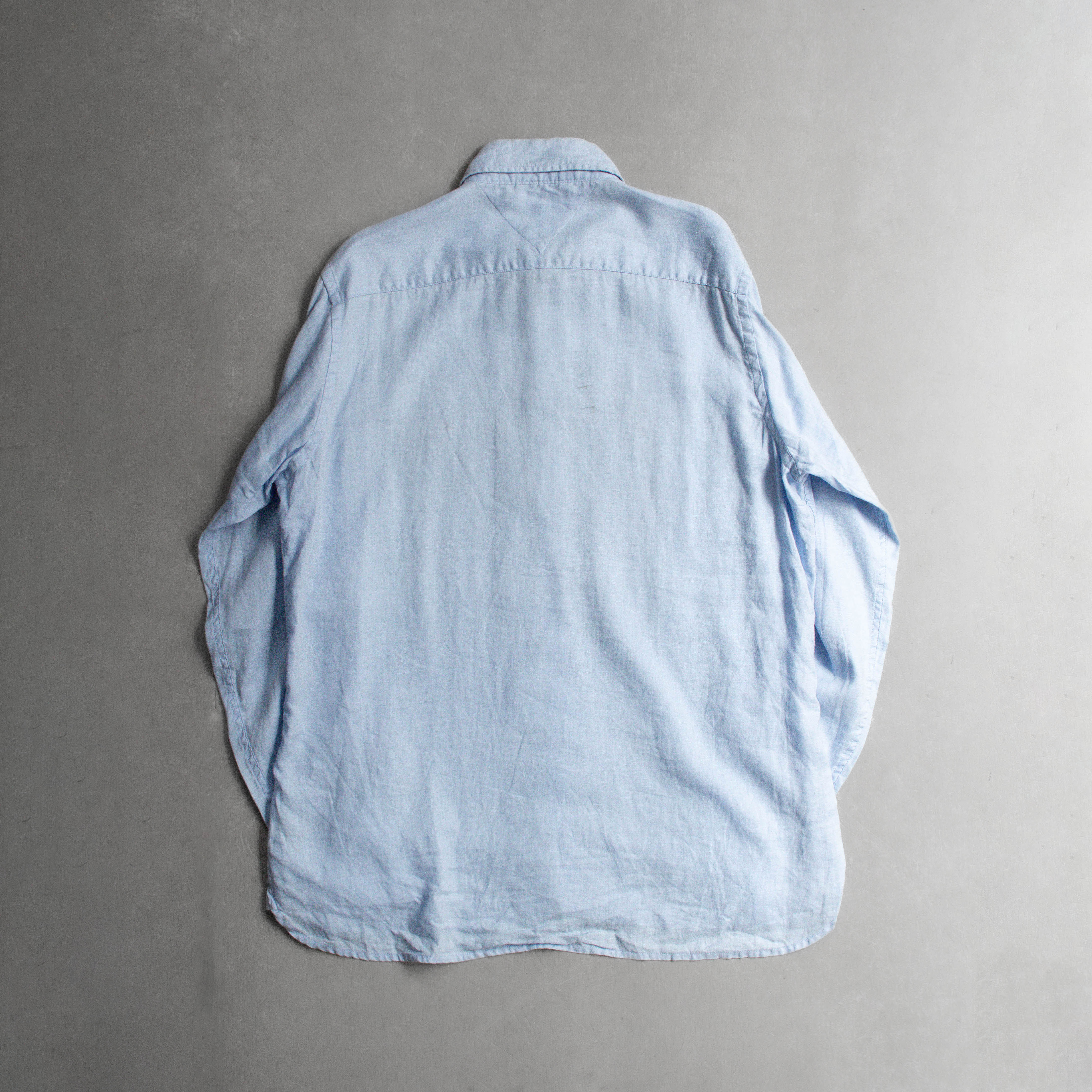 USED TOMMY HILFIGER BD SHIRT 美國 素面 棉麻 淺藍 扣領 長袖 襯衫