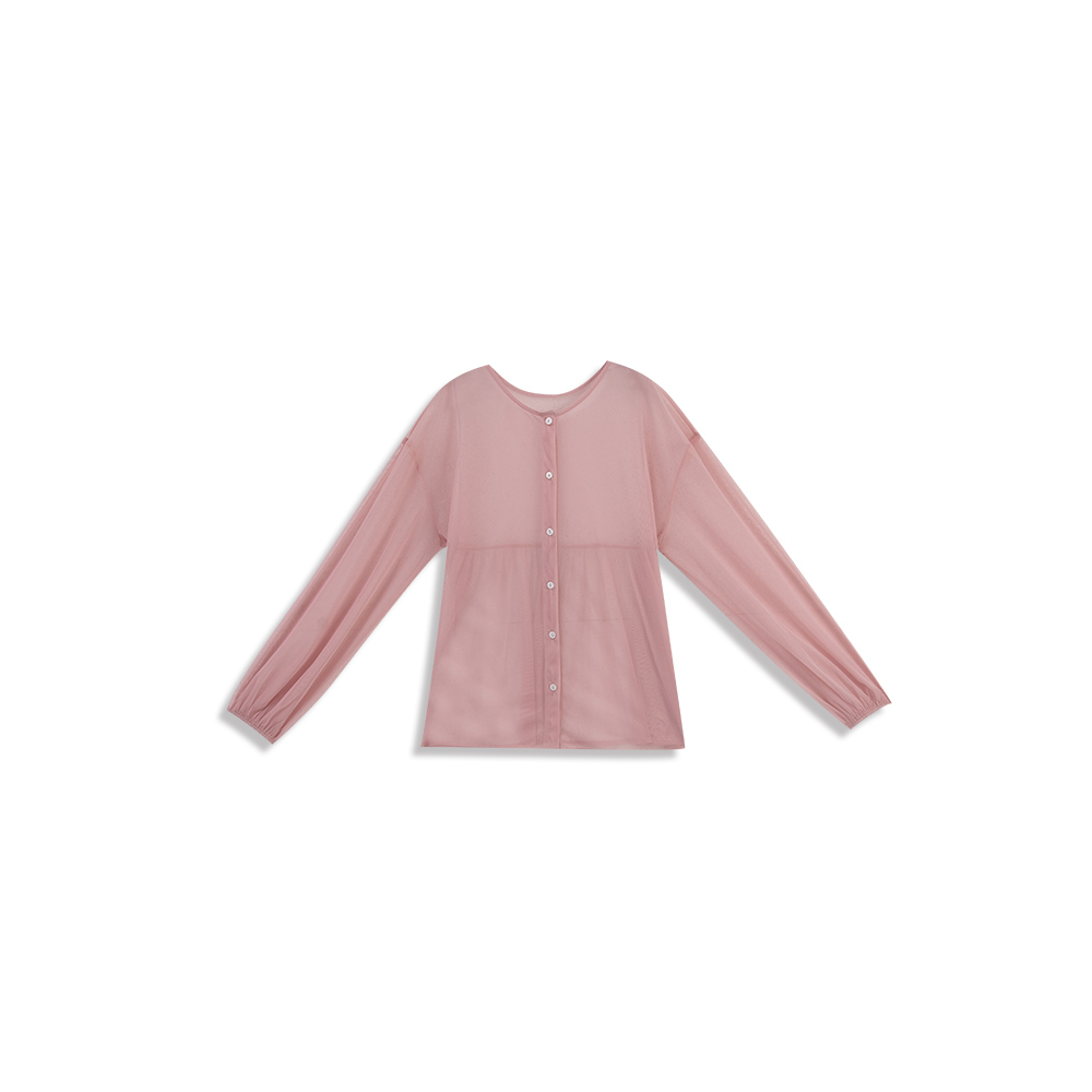 Button-down puff sleeve mesh see-through top, two colors for sale【01098455】in stock+pre-order