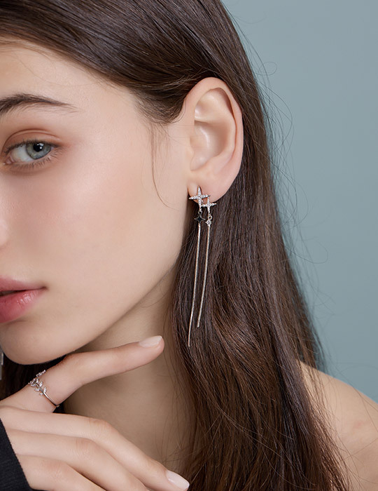 閃耀之星流蘇。夾式耳環(銀)