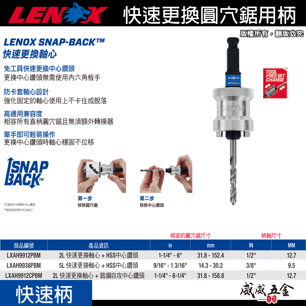 美國 LENOX 狼牌｜圓穴鋸用快速柄｜粗柄快速自動中心鑽柄｜5L 型號LXAH9938PBM｜2L 型號LXAH9912PBM