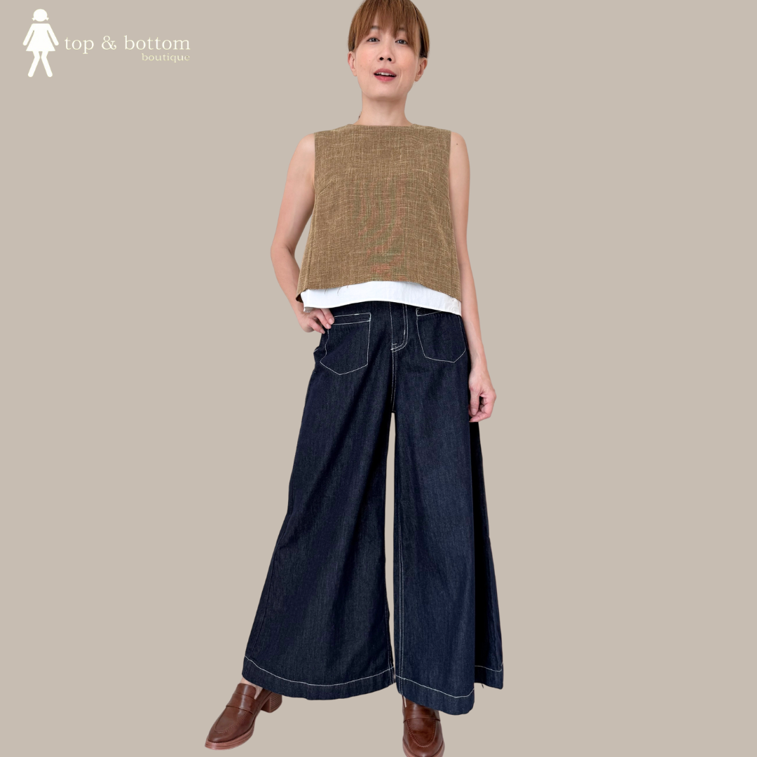 HIGH WAISTED DENIM POCKET FRONT WIDE LEG PANT
