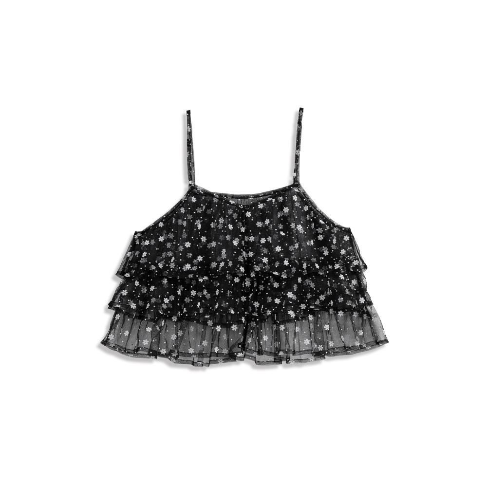 Floral multi-layered lotus leaf mesh blouse vest three colors for sale【01098960】in stock+pre-order