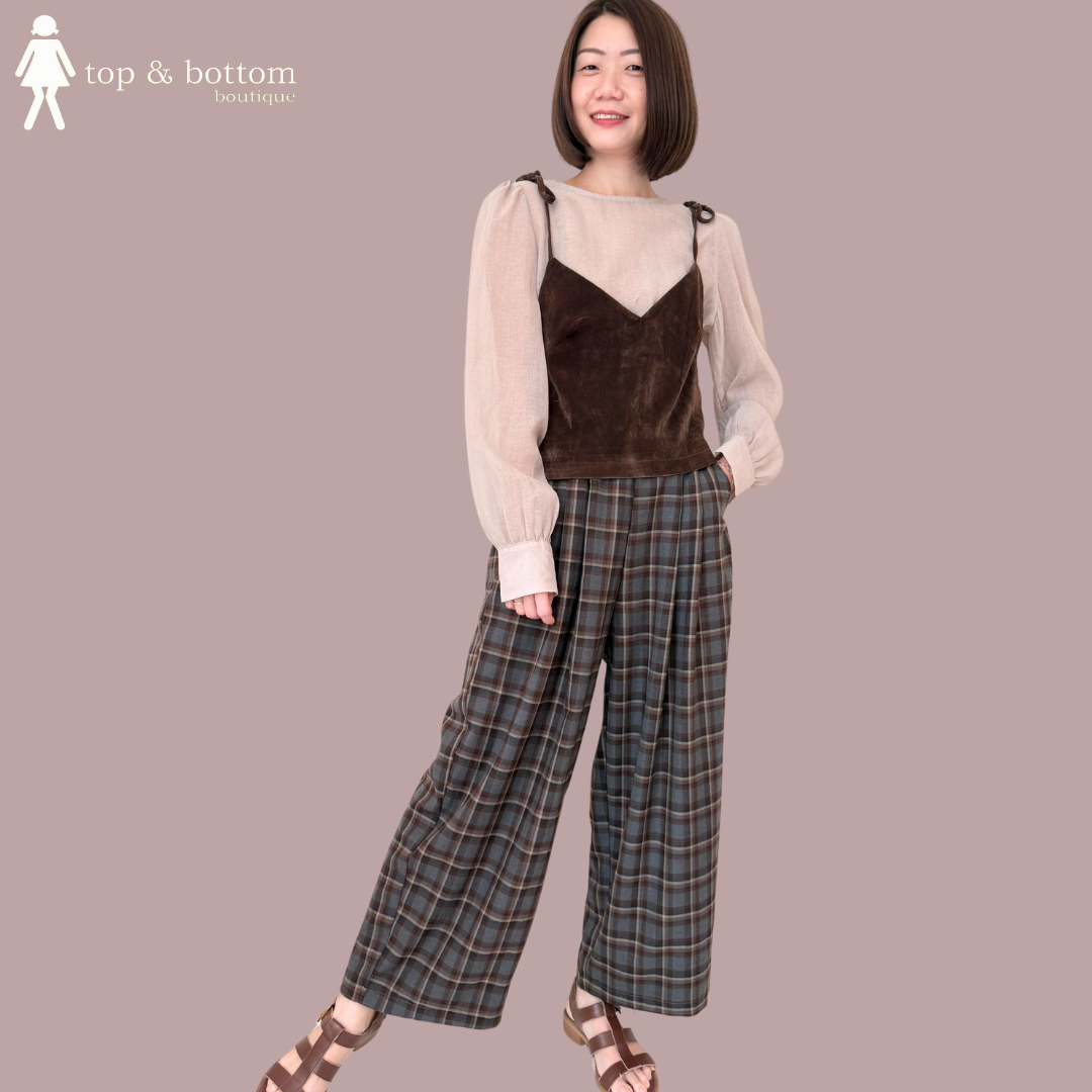 ELASTIC WAISTED CHECKED WIDE LEG LONG PANT