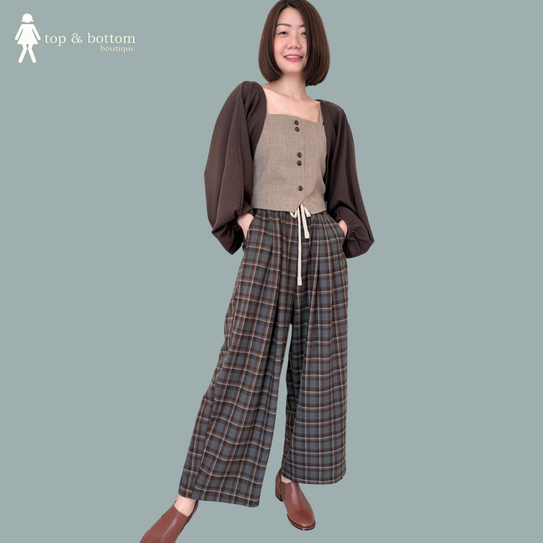 ELASTIC WAISTED CHECKED WIDE LEG LONG PANT