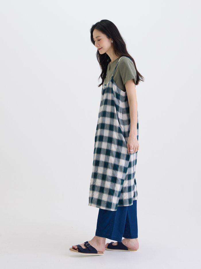 疊影格紋吊帶連身洋裝-綠松格