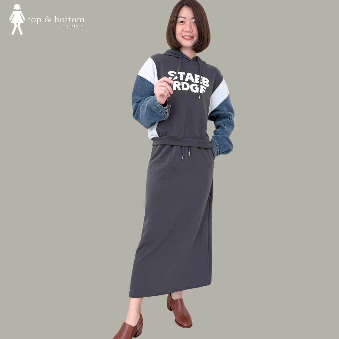 WORDING DENIM SLEEVE SWEATS & SKIRT SET SUIT (2PCS)