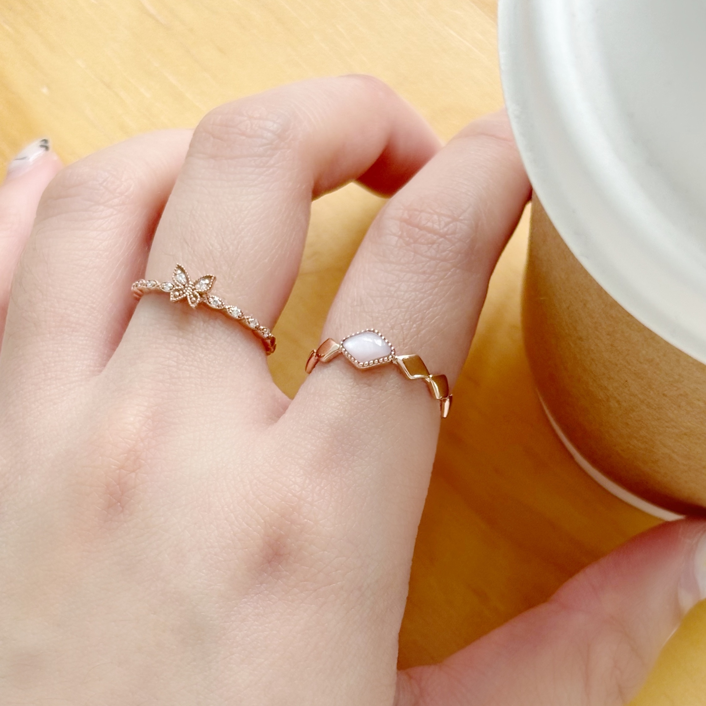 14K菱形粉母貝戒指