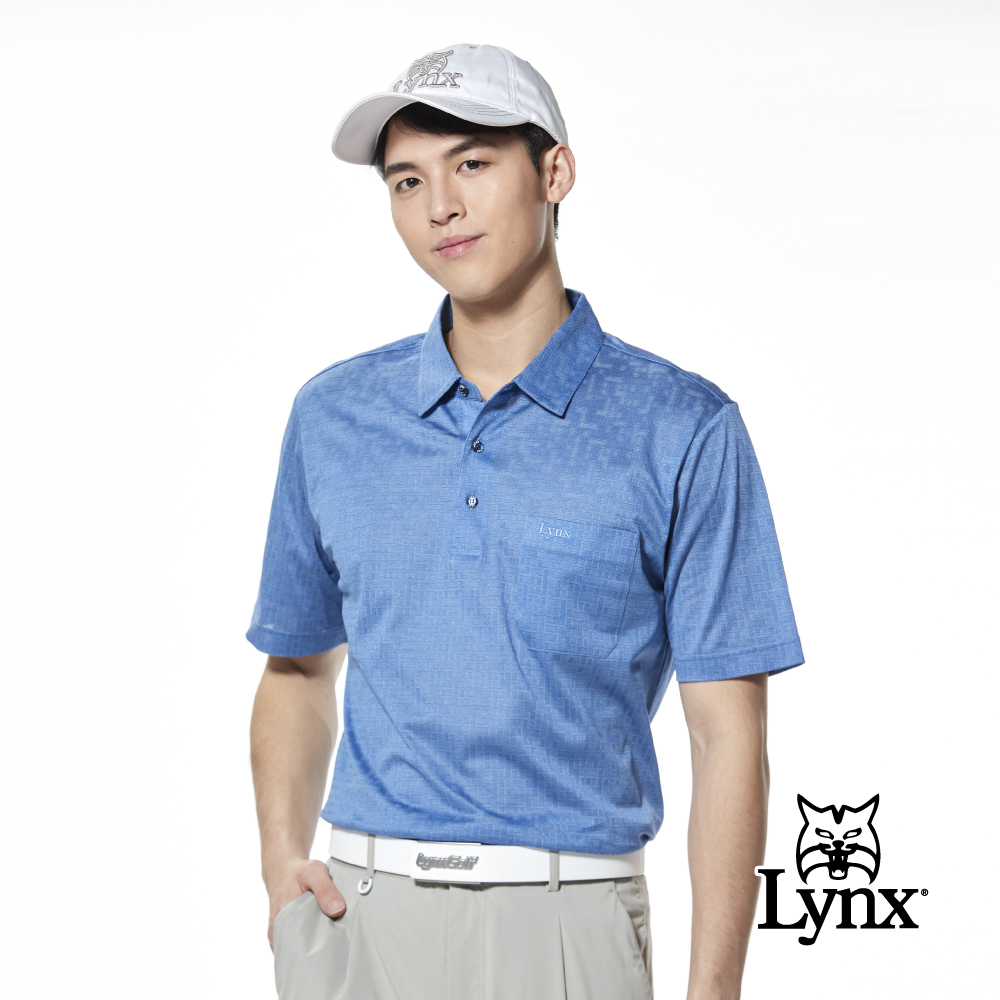 【Lynx Golf】歐洲進口絲光綿緹花開杈胸袋款短袖POLO衫