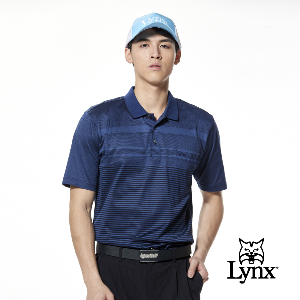 【Lynx Golf】歐洲絲光綿緹花粗細花紋開杈胸袋短袖POLO衫