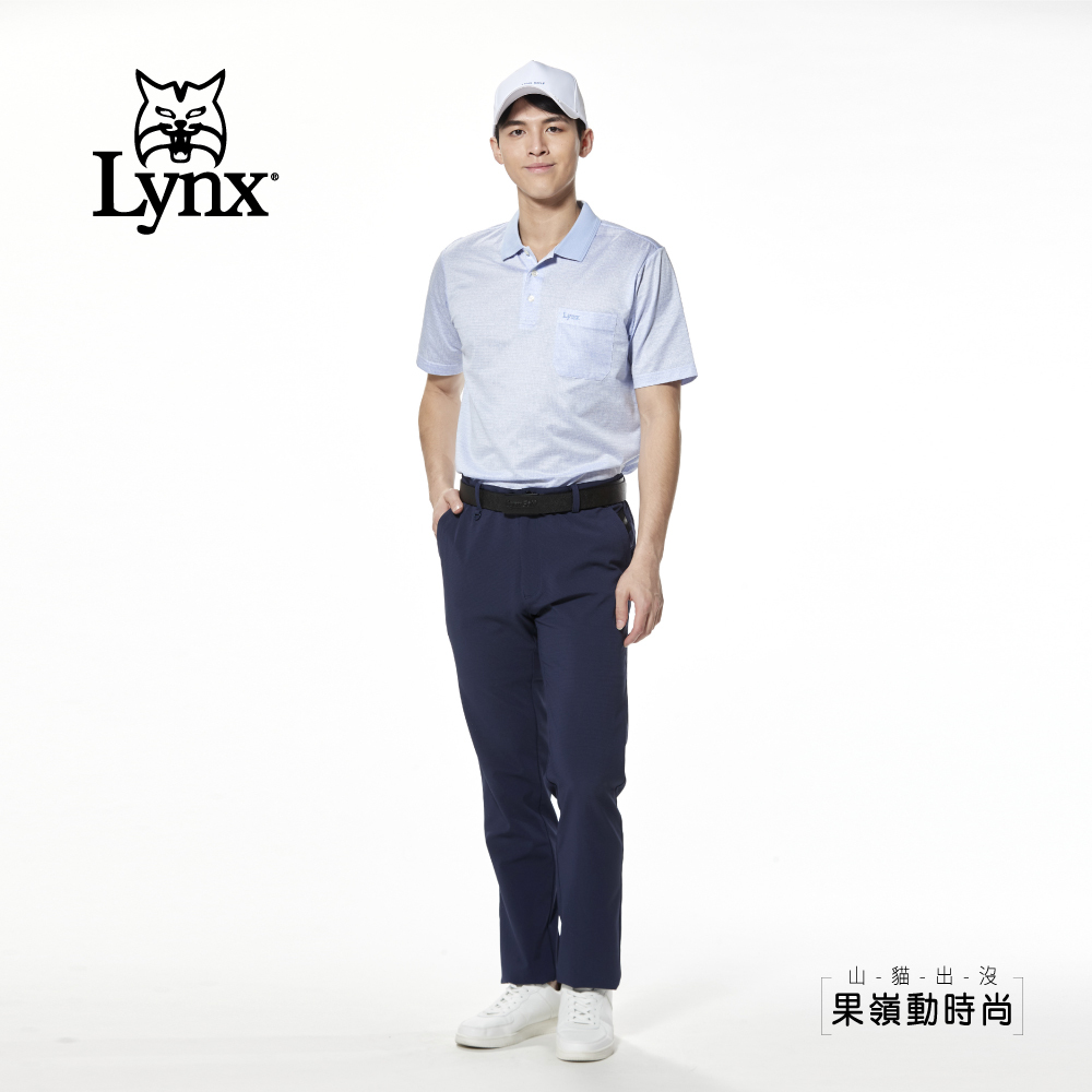 【Lynx Golf】歐洲絲光綿緹花花紋羅紋領開杈胸袋短袖POLO衫