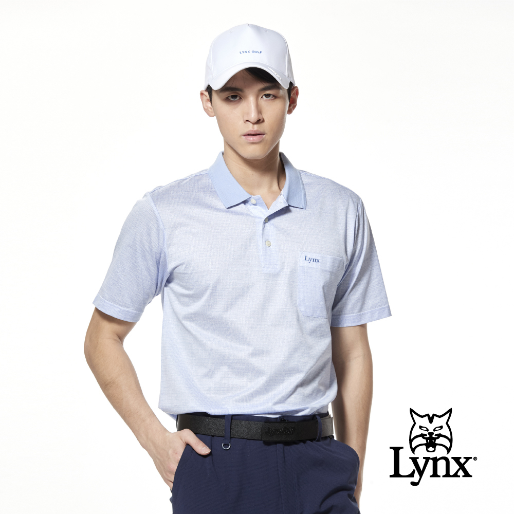 【Lynx Golf】歐洲絲光綿緹花花紋羅紋領開杈胸袋短袖POLO衫