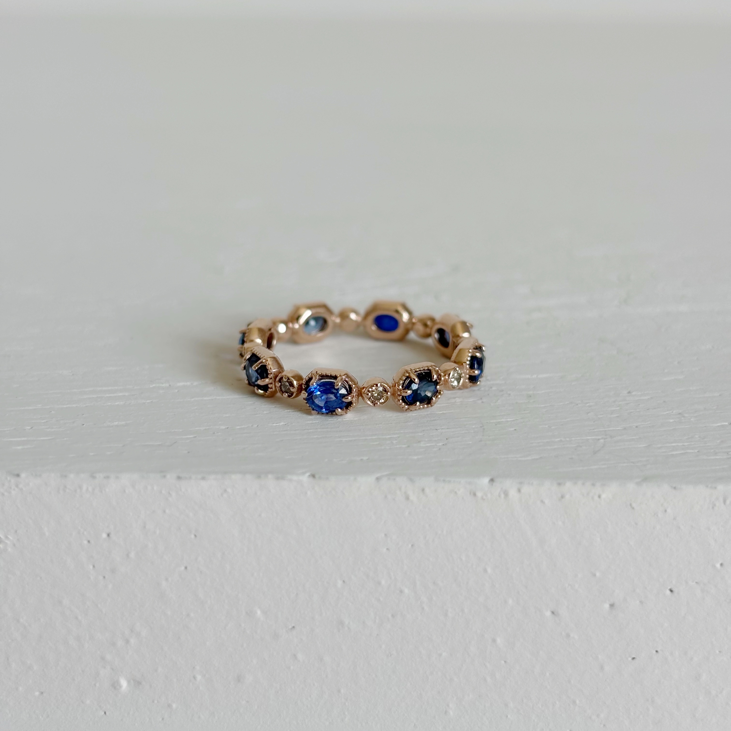 14K整圈復古橢圓藍寶真鑽戒指