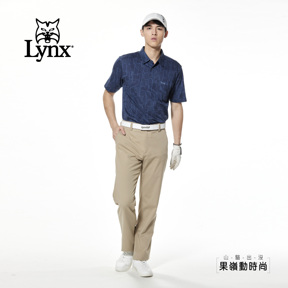 【Lynx Golf】縲縈彈性舒適斜紋後袋繡花平面休閒長褲