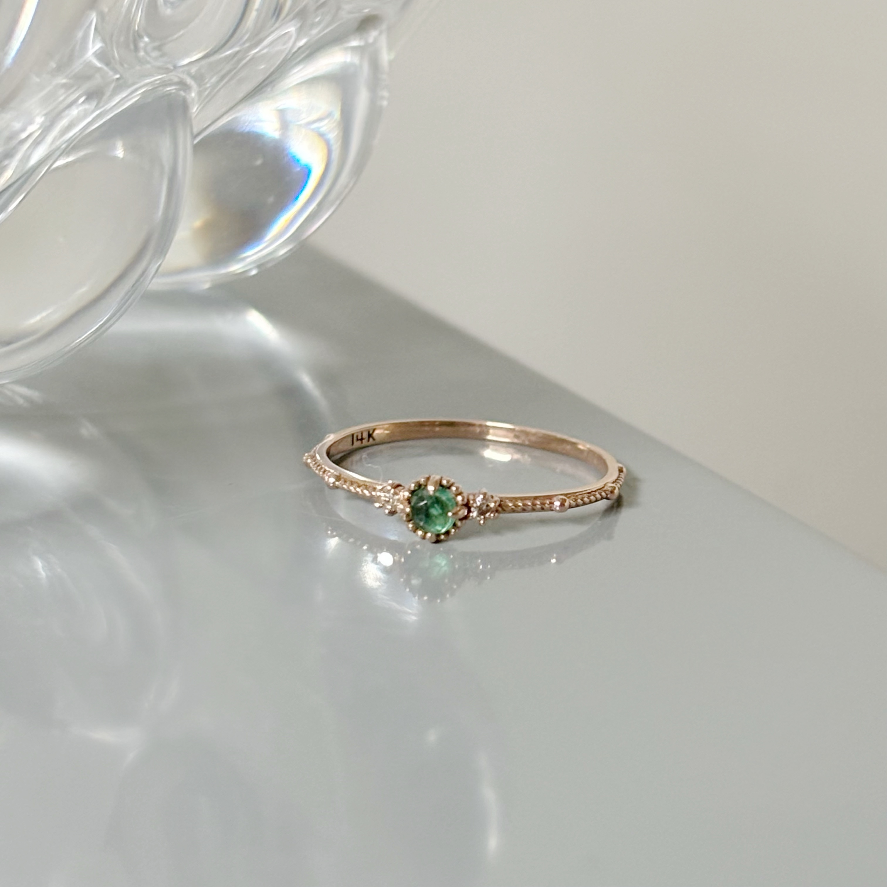 14K流星祖母綠真鑽滾邊戒指