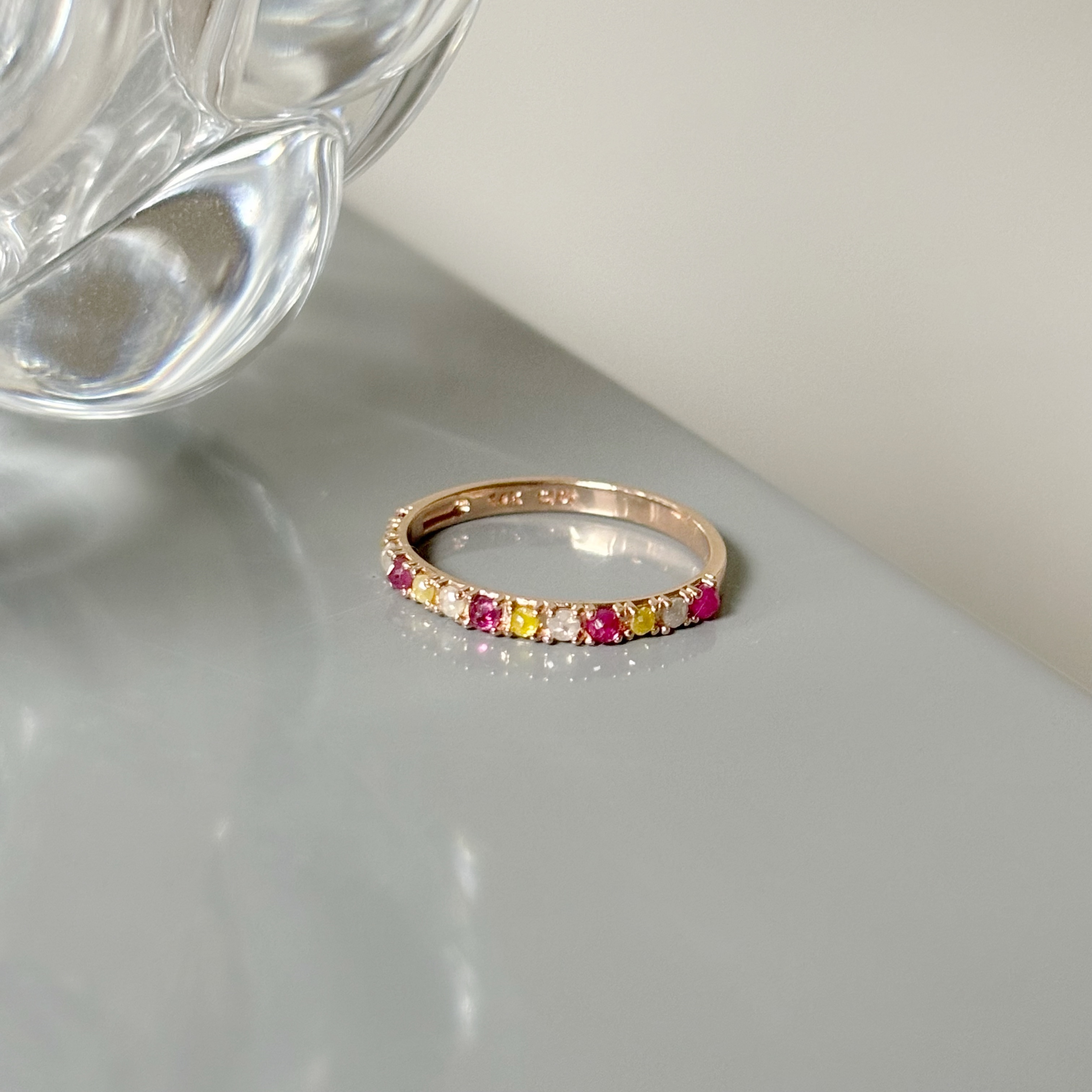 14K Amber紅寶石黃灰鑽原礦戒指