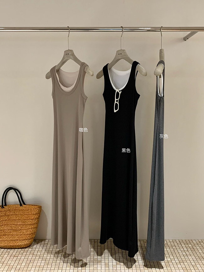 紙片女孩款撞色背心長裙-兩色現貨
