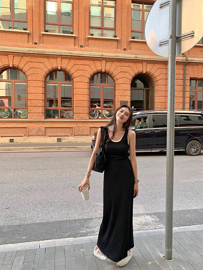 紙片女孩款撞色背心長裙-兩色現貨