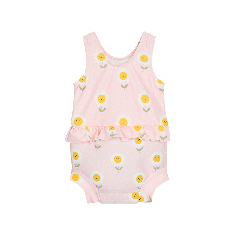 Hust & Claire baby一件式尿布泳衣-粉色微笑小花